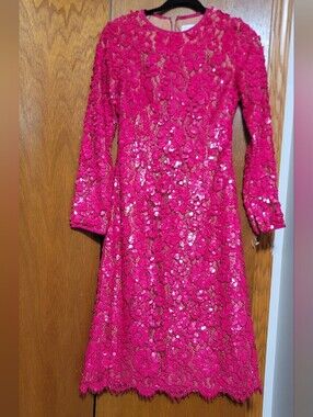 Micheal Kors Fuchsia Sequin Floral Lace  Silk Lined Midi Dress Size 0